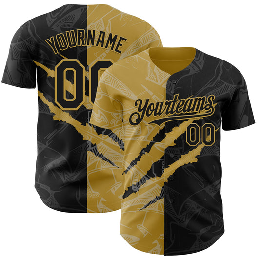 Custom Graffiti Pattern Black-Old Gold 3D Scratch Authentic Baseball Jersey - Main View