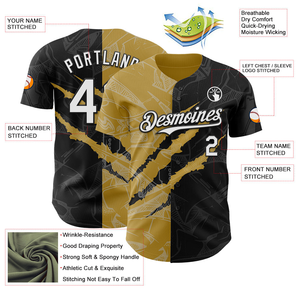 Custom Graffiti Pattern White Black-Old Gold 3D Scratch Authentic Baseball Jersey view 3