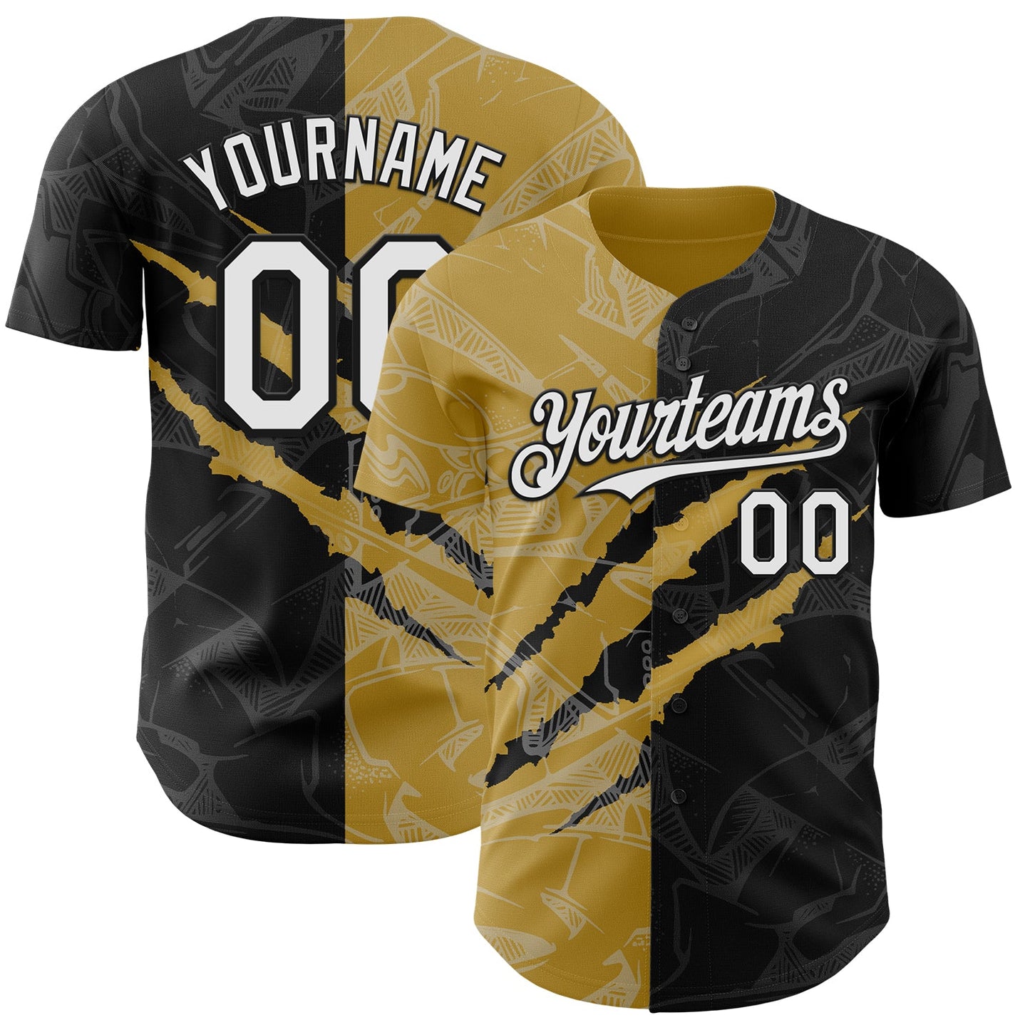 Custom Graffiti Pattern White Black-Old Gold 3D Scratch Authentic Baseball Jersey - Main View