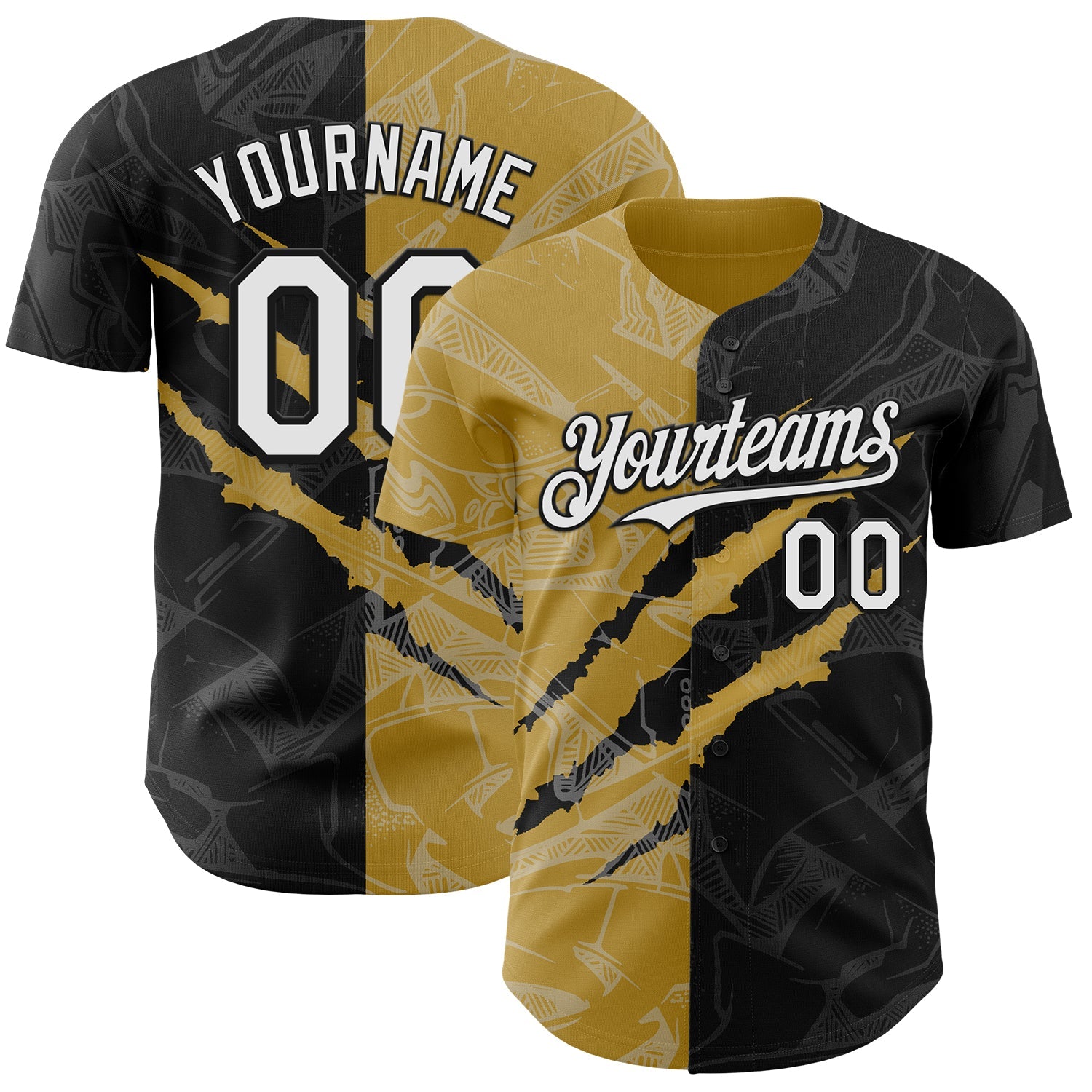 Custom Graffiti Pattern White Black-Old Gold 3D Scratch Authentic Baseball Jersey - Main View
