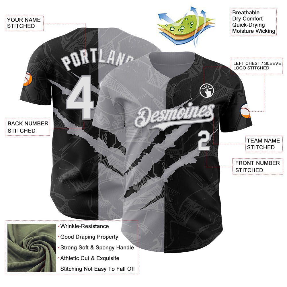 Custom Graffiti Pattern White Black-Gray 3D Scratch Authentic Baseball Jersey view 3
