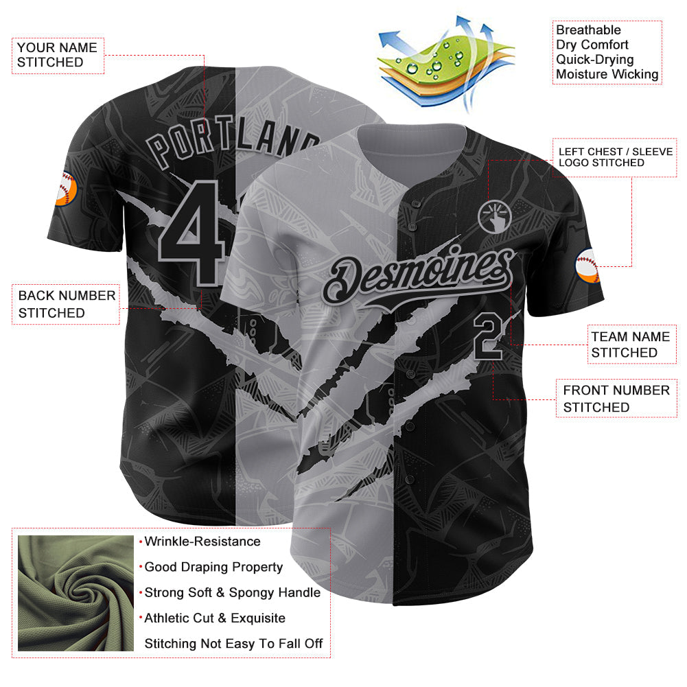 Custom Graffiti Pattern Black-Gray 3D Scratch Authentic Baseball Jersey view 3