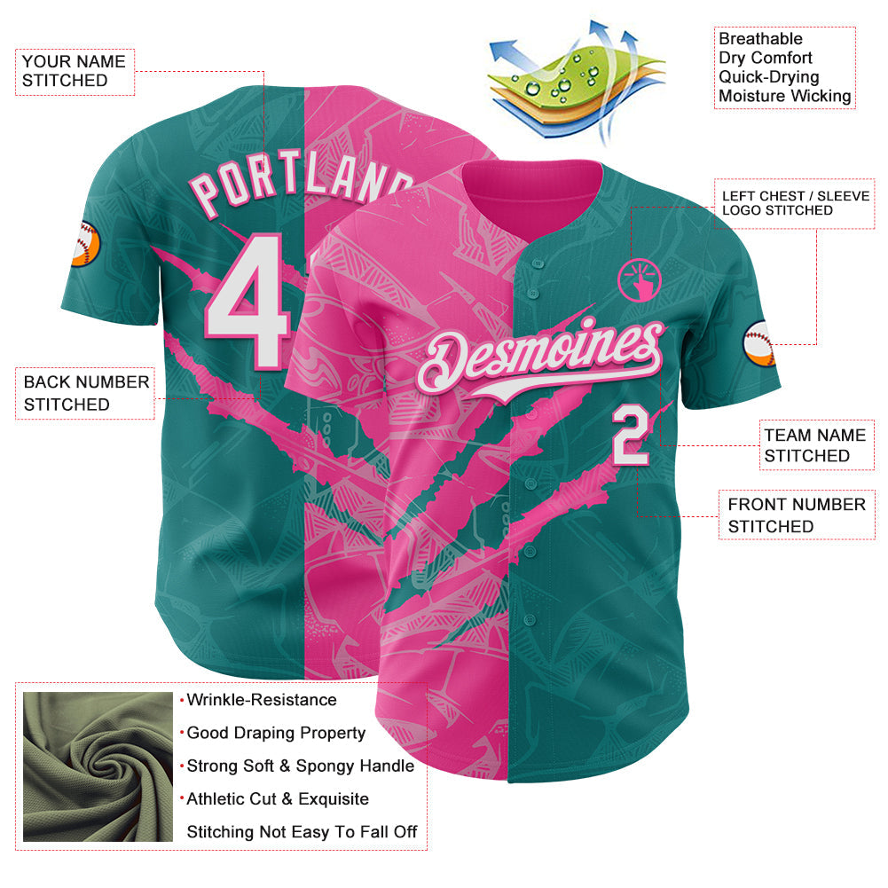 Custom Graffiti Pattern White Teal-Pink 3D Scratch Authentic Baseball Jersey view 3