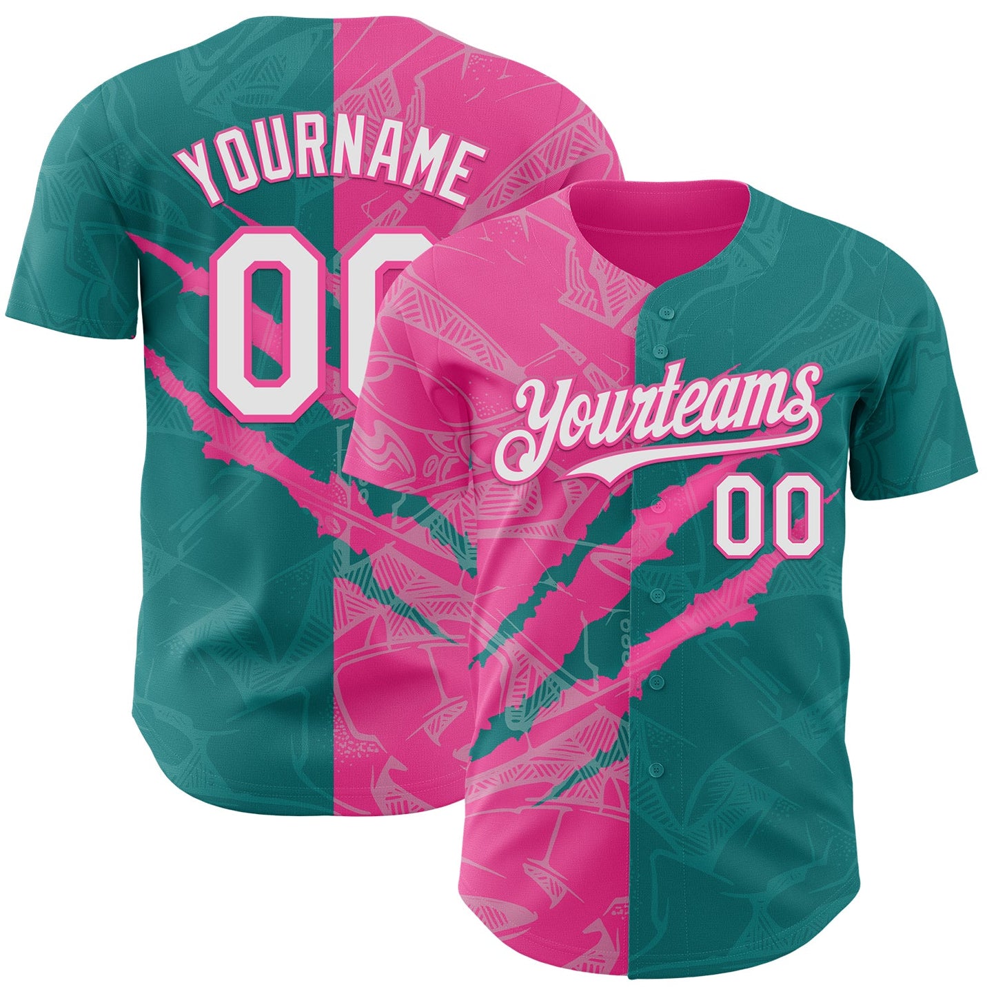 Custom Graffiti Pattern White Teal-Pink 3D Scratch Authentic Baseball Jersey - Main View