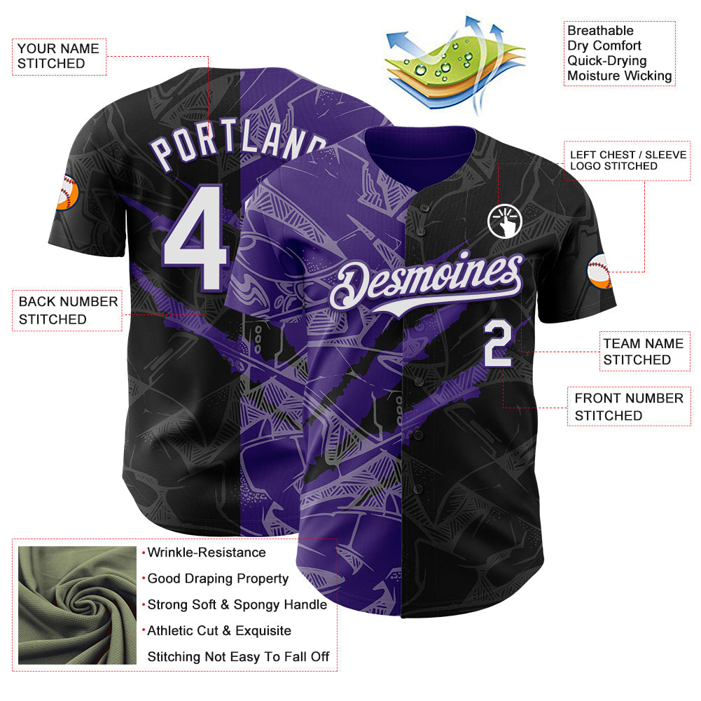 Custom Graffiti Pattern White Black-Purple 3D Scratch Authentic Baseball Jersey view 3