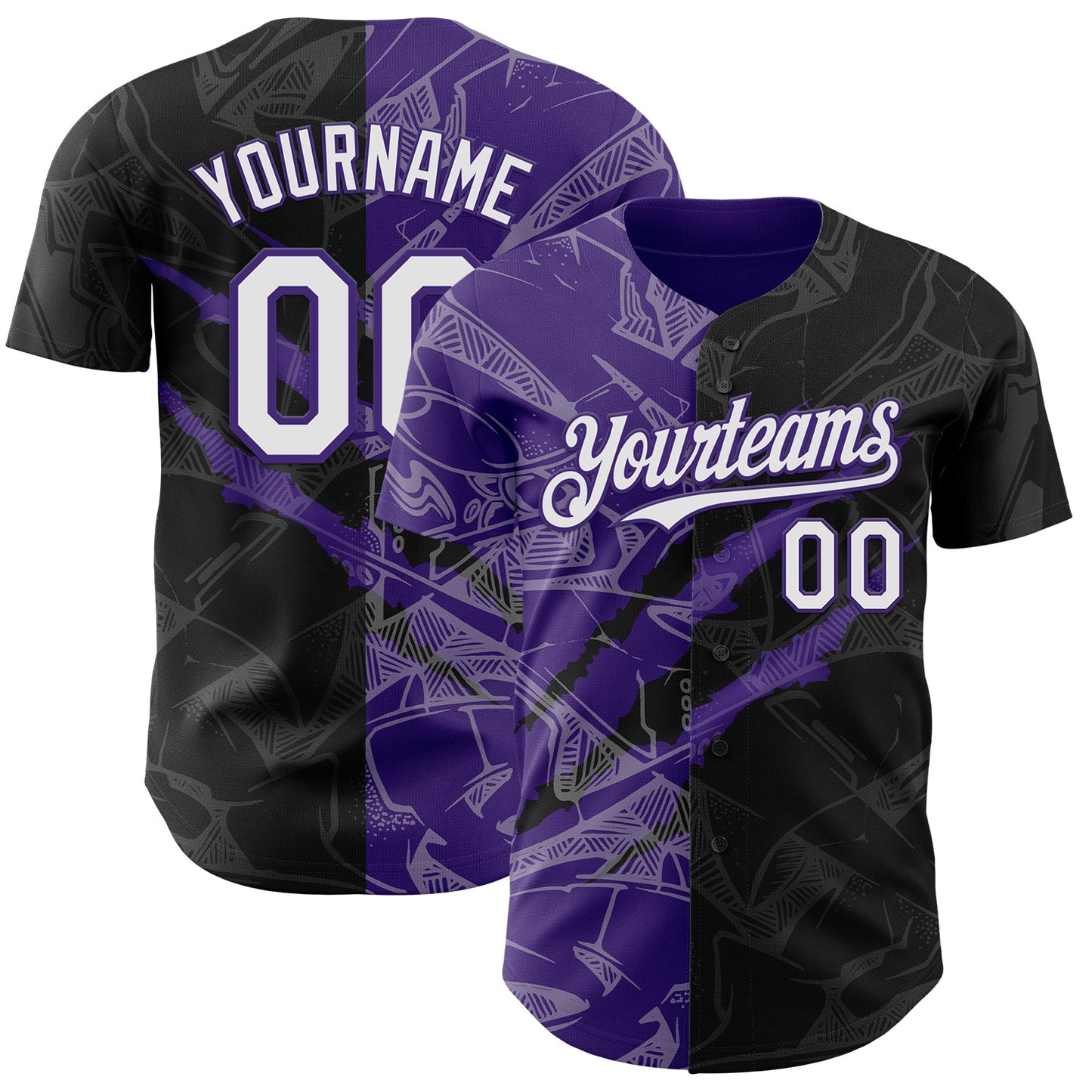 Custom Graffiti Pattern White Black-Purple 3D Scratch Authentic Baseball Jersey - Main View