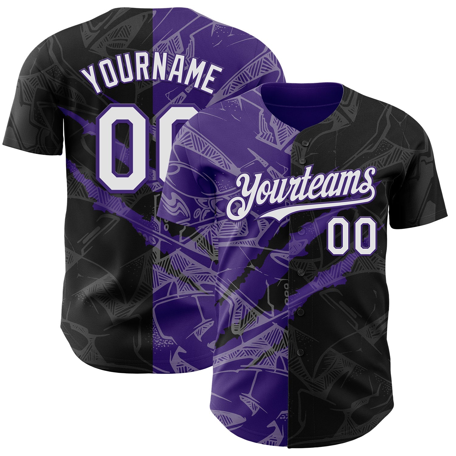 Custom Graffiti Pattern White Black-Purple 3D Scratch Authentic Baseball Jersey - Main View