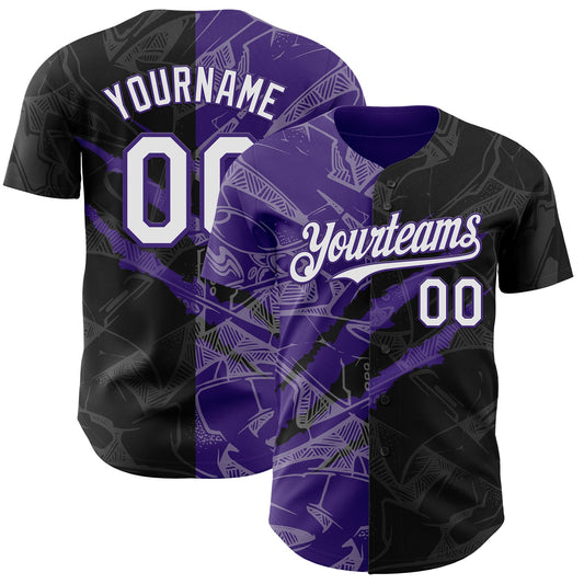 Custom Graffiti Pattern White Black-Purple 3D Scratch Authentic Baseball Jersey - Main View