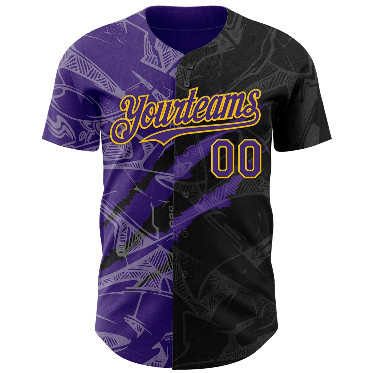 Custom Graffiti Pattern Purple Black-Yellow 3D Scratch Authentic Baseball Jersey view 2