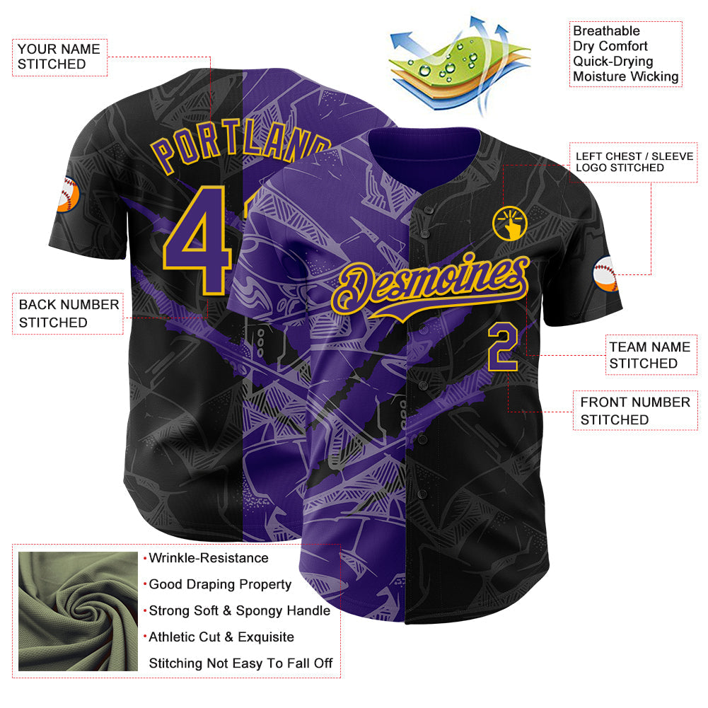 Custom Graffiti Pattern Purple Black-Yellow 3D Scratch Authentic Baseball Jersey view 3