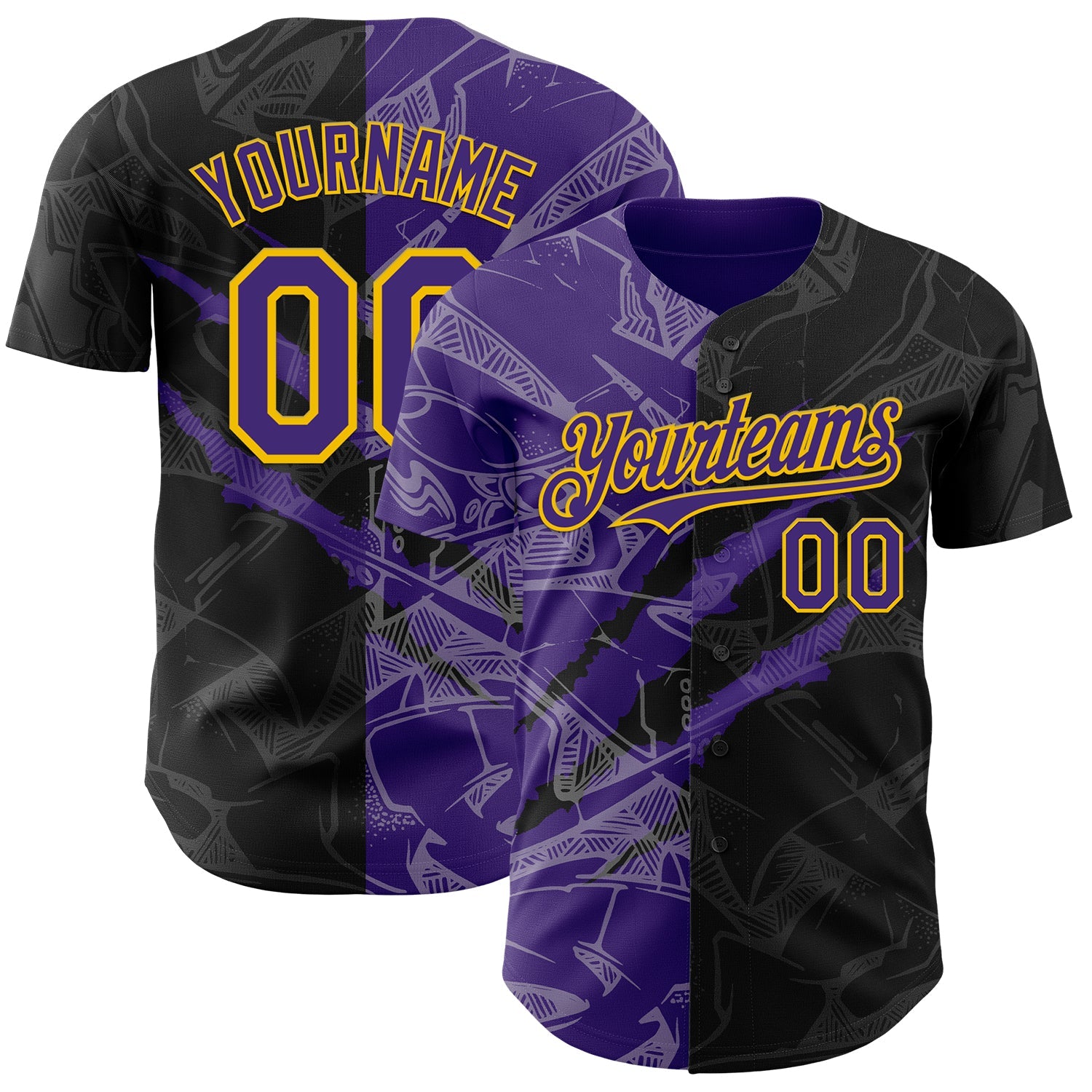 Custom Graffiti Pattern Purple Black-Yellow 3D Scratch Authentic Baseball Jersey - Main View