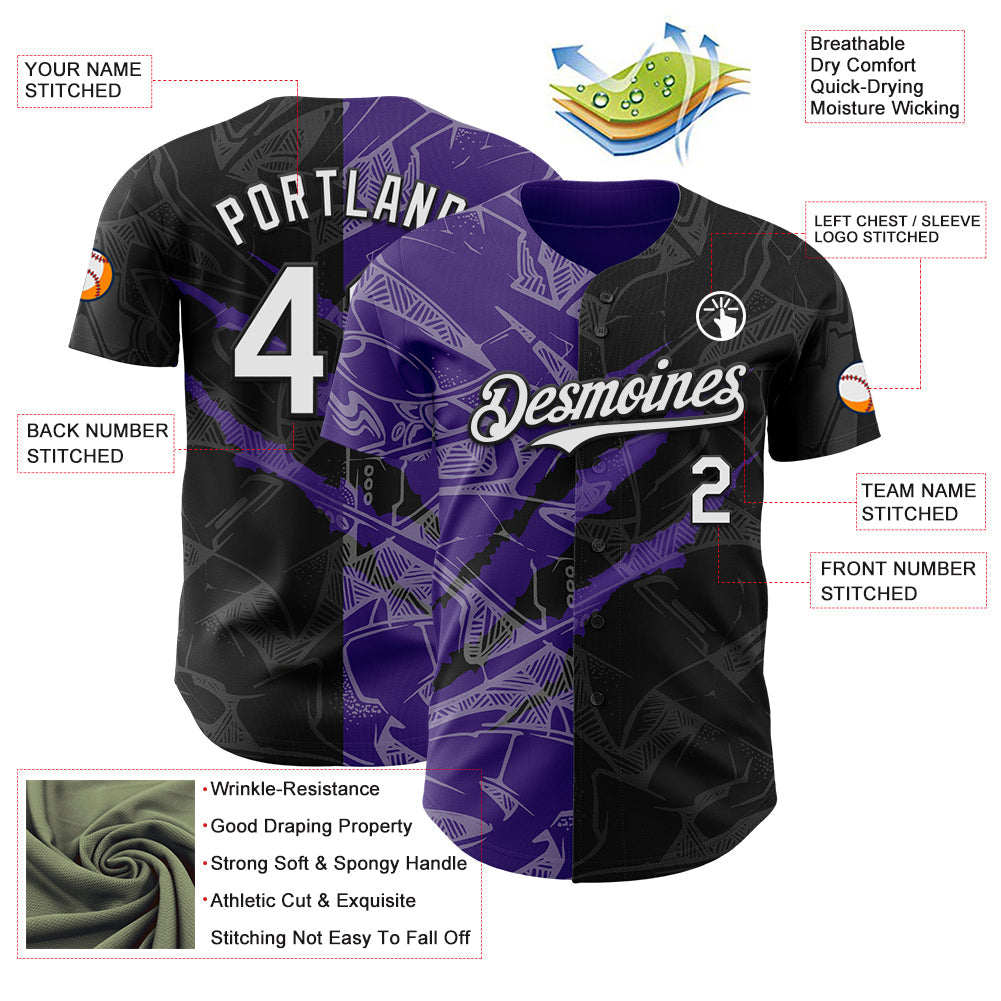 Custom Graffiti Pattern White Black-Purple 3D Scratch Authentic Baseball Jersey view 3