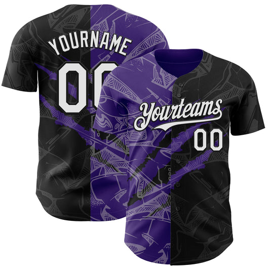 Custom Graffiti Pattern White Black-Purple 3D Scratch Authentic Baseball Jersey - Main View