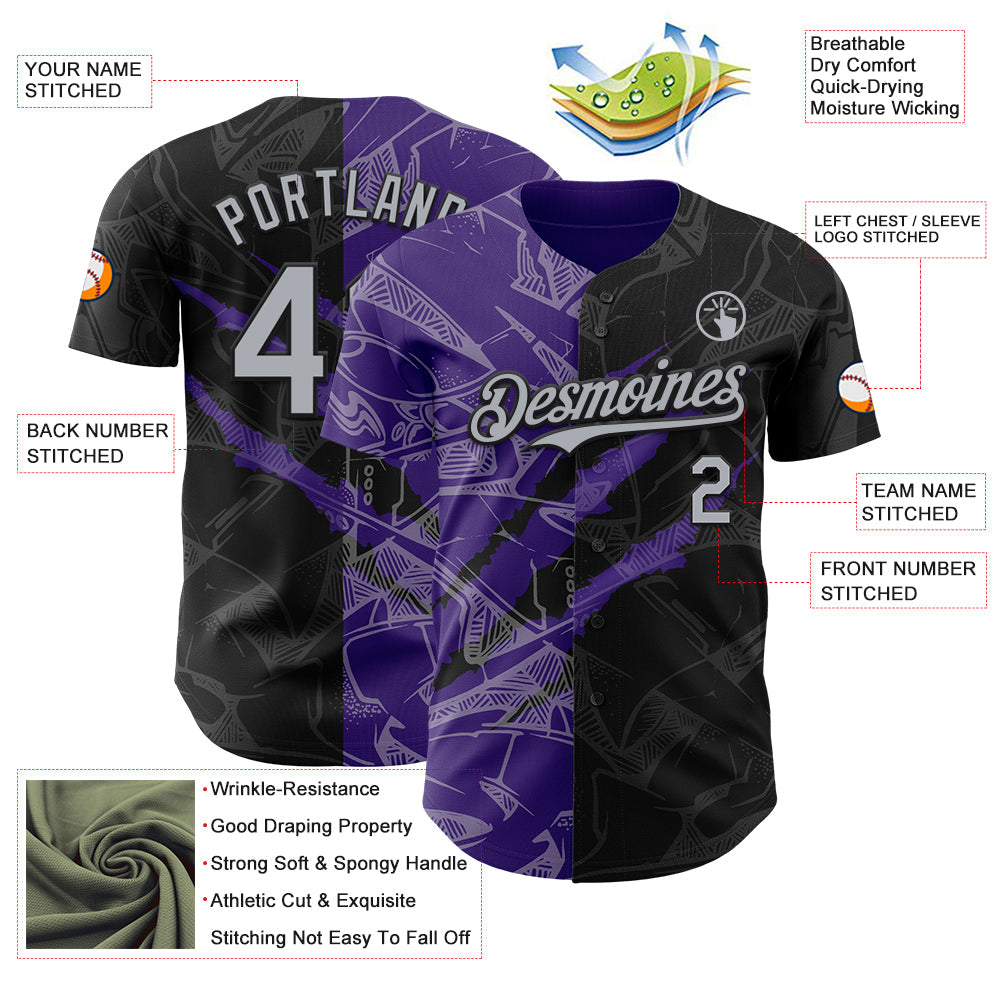 Custom Graffiti Pattern Gray Black-Purple 3D Scratch Authentic Baseball Jersey view 3