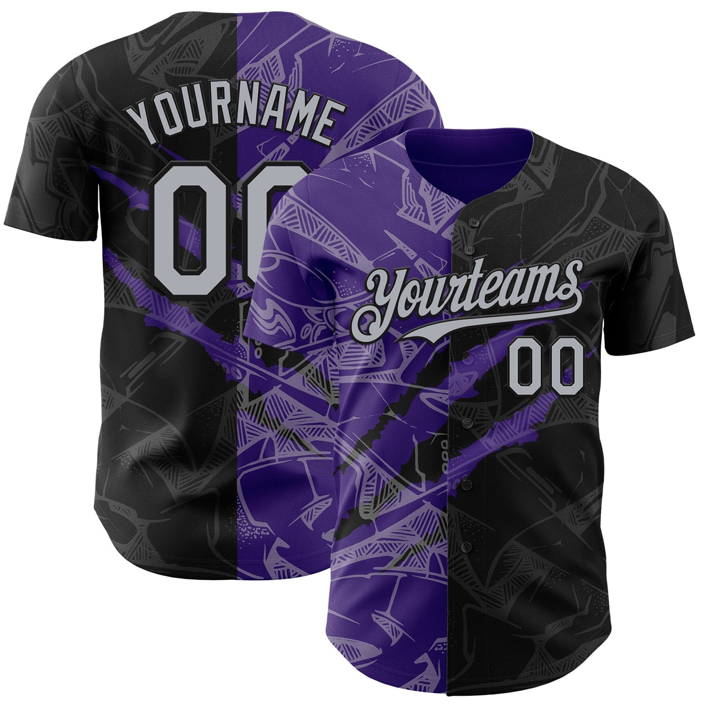 Custom Graffiti Pattern Gray Black-Purple 3D Scratch Authentic Baseball Jersey - Main View