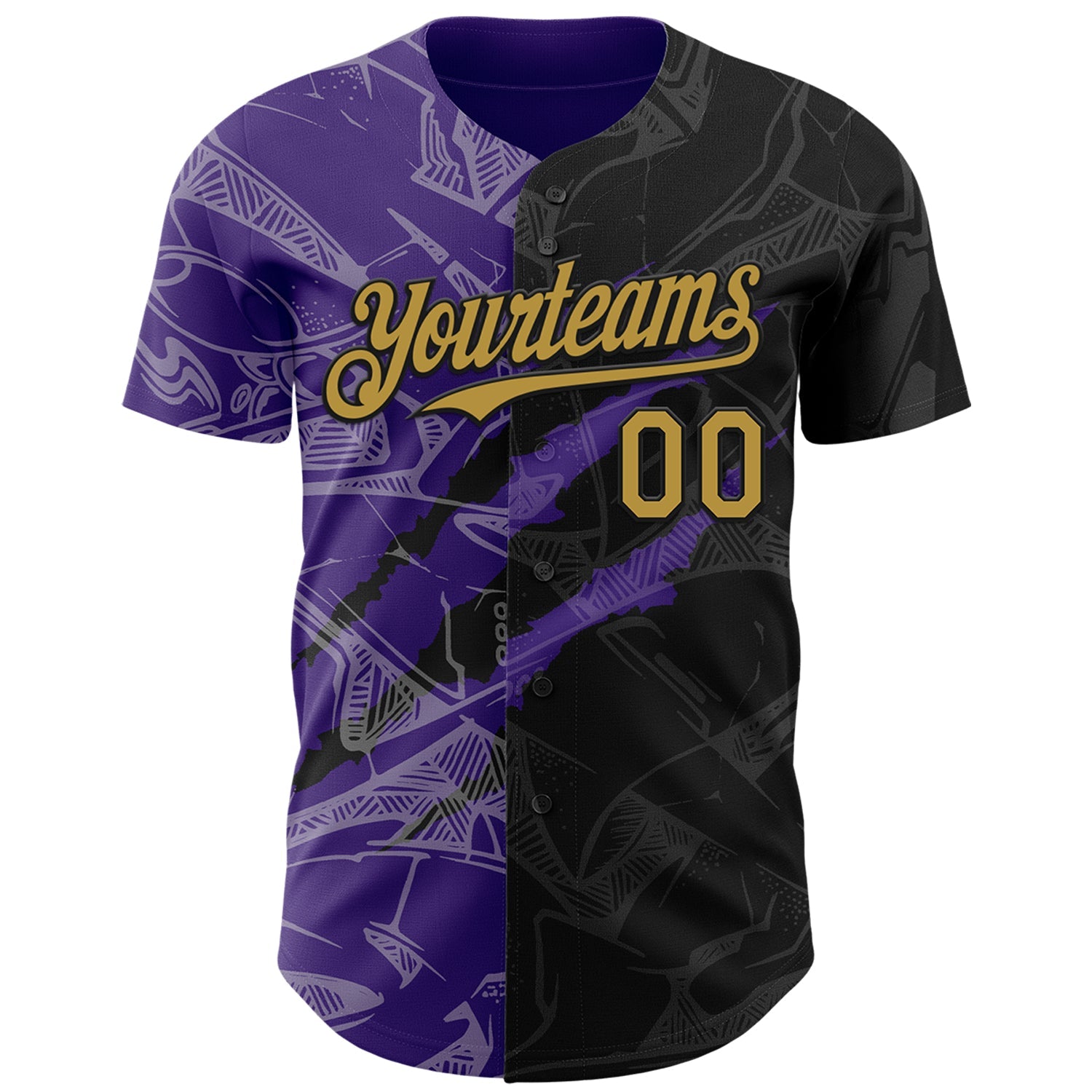 Custom Graffiti Pattern Old Gold Black-Purple 3D Scratch Authentic Baseball Jersey view 2