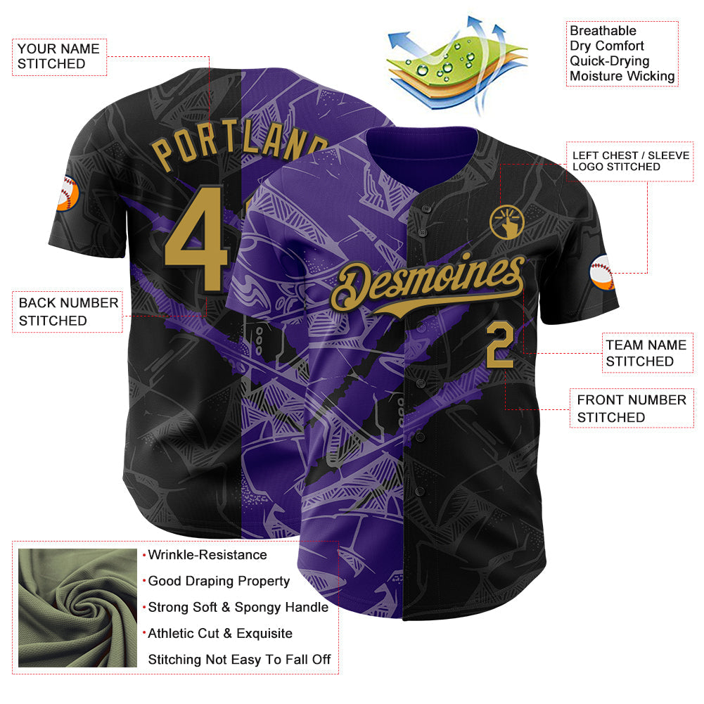 Custom Graffiti Pattern Old Gold Black-Purple 3D Scratch Authentic Baseball Jersey view 3