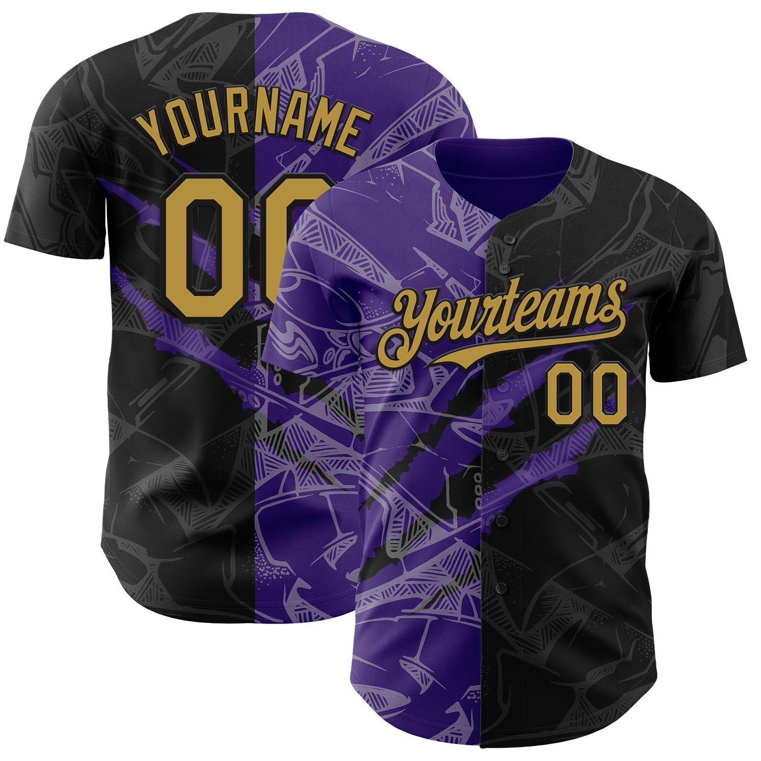 Custom Graffiti Pattern Old Gold Black-Purple 3D Scratch Authentic Baseball Jersey - Main View