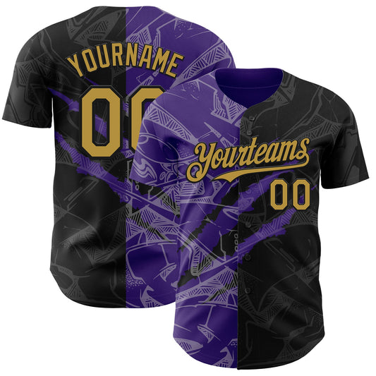 Custom Graffiti Pattern Old Gold Black-Purple 3D Scratch Authentic Baseball Jersey - Main View