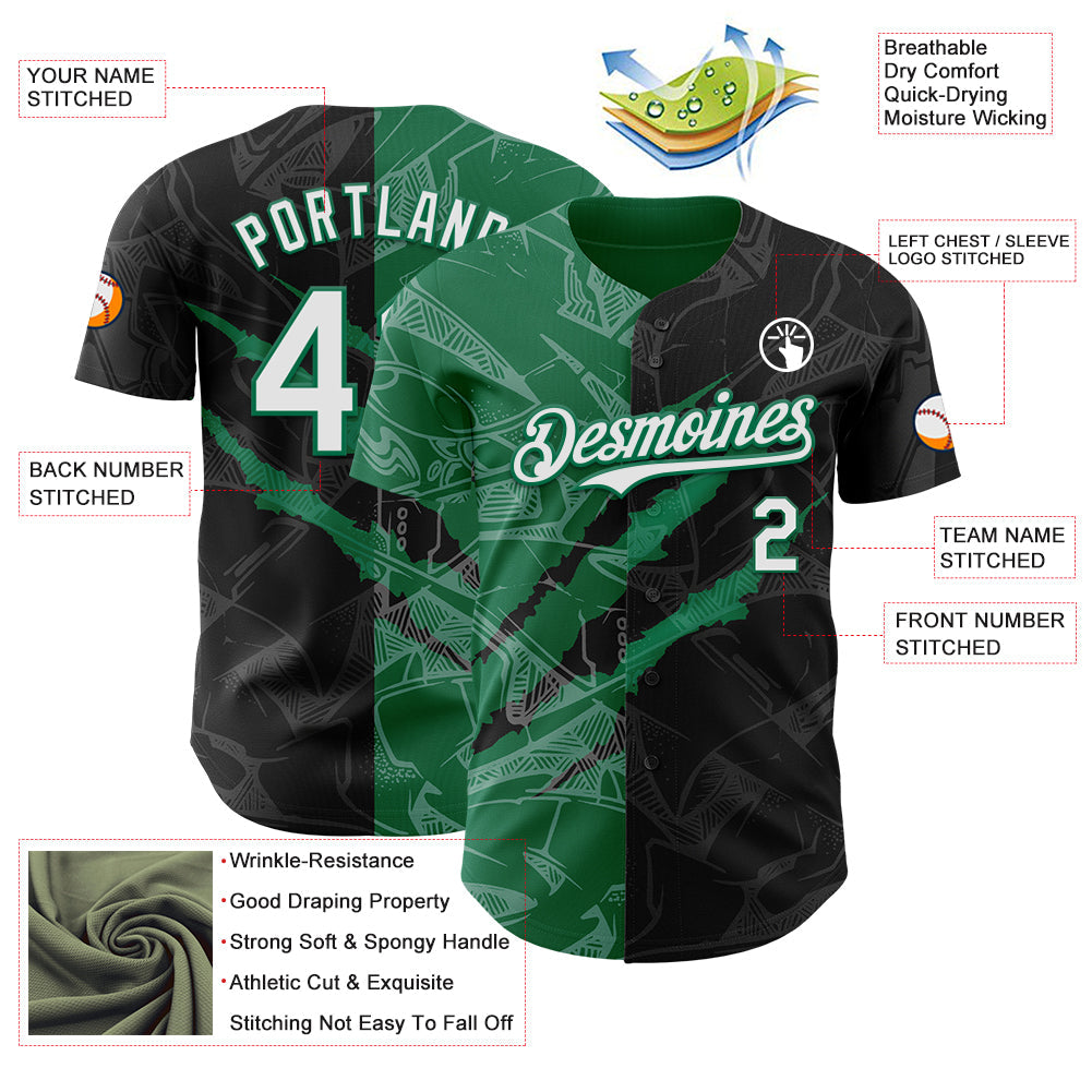 Custom Graffiti Pattern White Black-Kelly Green 3D Scratch Authentic Baseball Jersey view 3