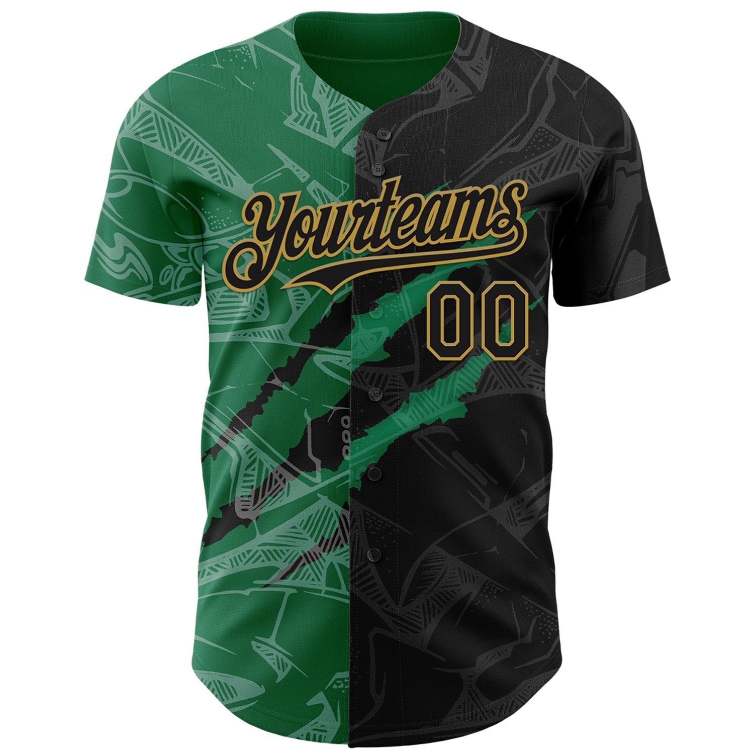 Custom Graffiti Pattern Black Kelly Green-Old Gold 3D Scratch Authentic Baseball Jersey view 2