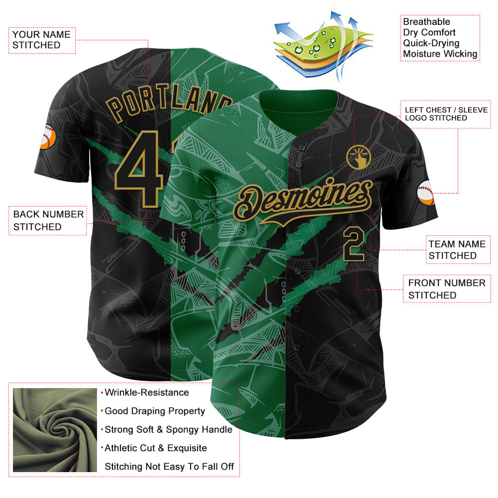 Custom Graffiti Pattern Black Kelly Green-Old Gold 3D Scratch Authentic Baseball Jersey view 3