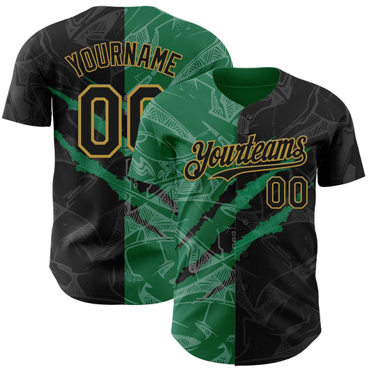 Custom Graffiti Pattern Black Kelly Green-Old Gold 3D Scratch Authentic Baseball Jersey - Main View