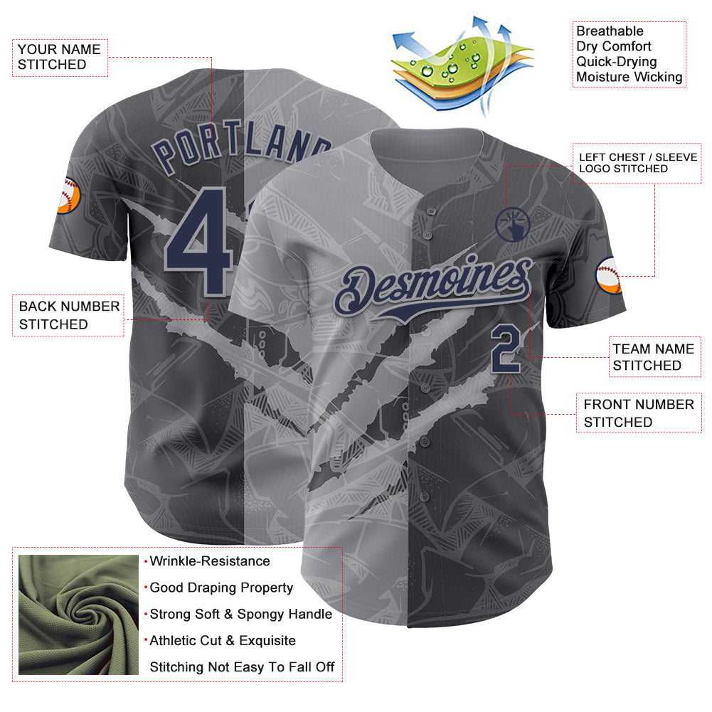 Custom Graffiti Pattern Navy Steel Gray-Gray 3D Scratch Authentic Baseball Jersey view 3