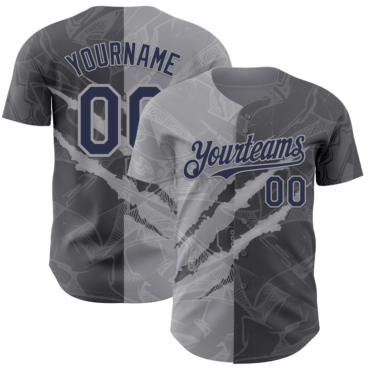Custom Graffiti Pattern Navy Steel Gray-Gray 3D Scratch Authentic Baseball Jersey - Main View