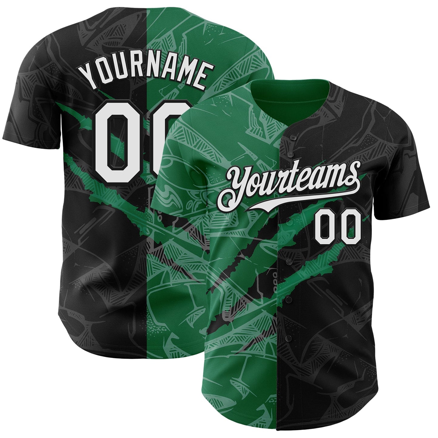 Custom Graffiti Pattern White Black-Kelly Green 3D Scratch Authentic Baseball Jersey - Main View