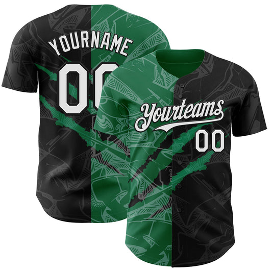 Custom Graffiti Pattern White Black-Kelly Green 3D Scratch Authentic Baseball Jersey - Main View