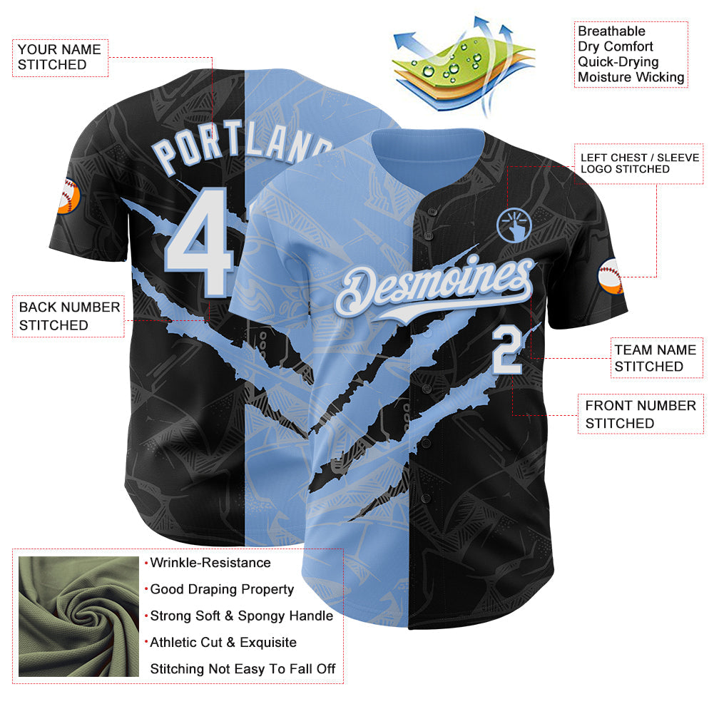 Custom Graffiti Pattern White Black-Light Blue 3D Scratch Authentic Baseball Jersey view 3
