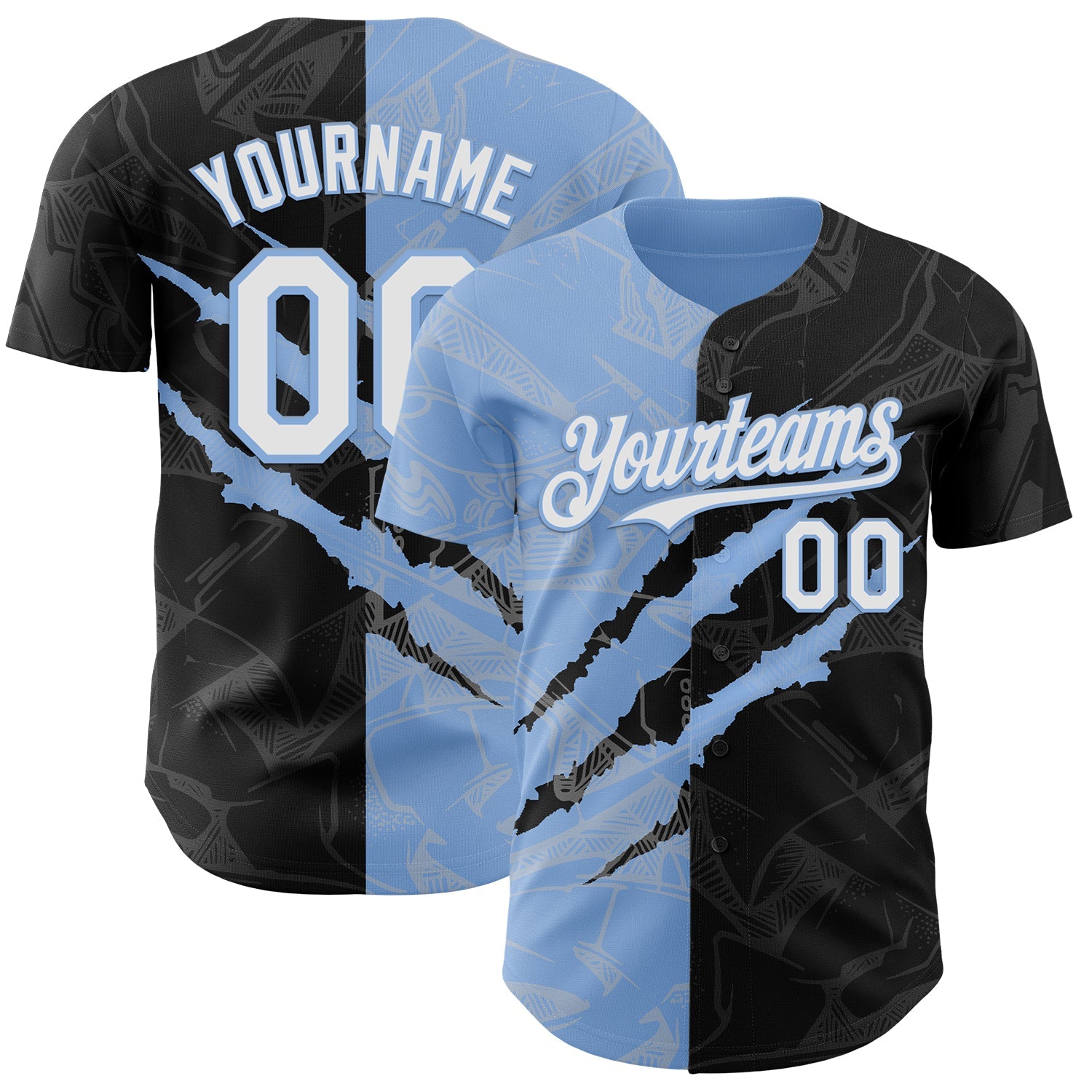 Custom Graffiti Pattern White Black-Light Blue 3D Scratch Authentic Baseball Jersey - Main View