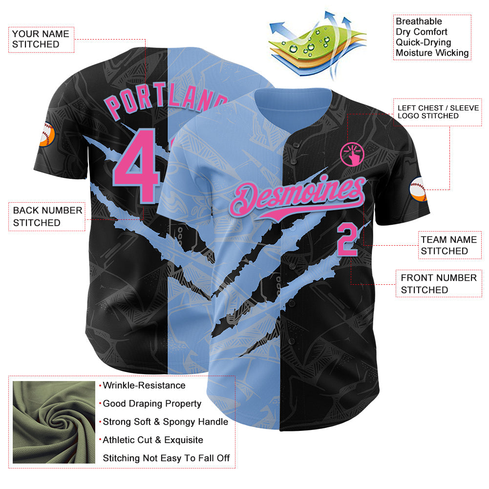 Custom Graffiti Pattern Pink Black-Light Blue 3D Scratch Authentic Baseball Jersey view 3