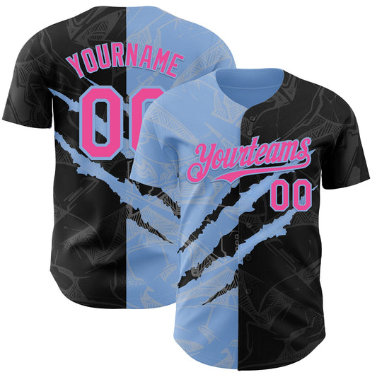 Custom Graffiti Pattern Pink Black-Light Blue 3D Scratch Authentic Baseball Jersey - Main View