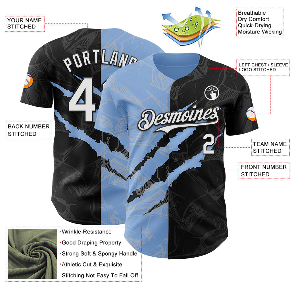Custom Graffiti Pattern White Black-Light Blue 3D Scratch Authentic Baseball Jersey view 3