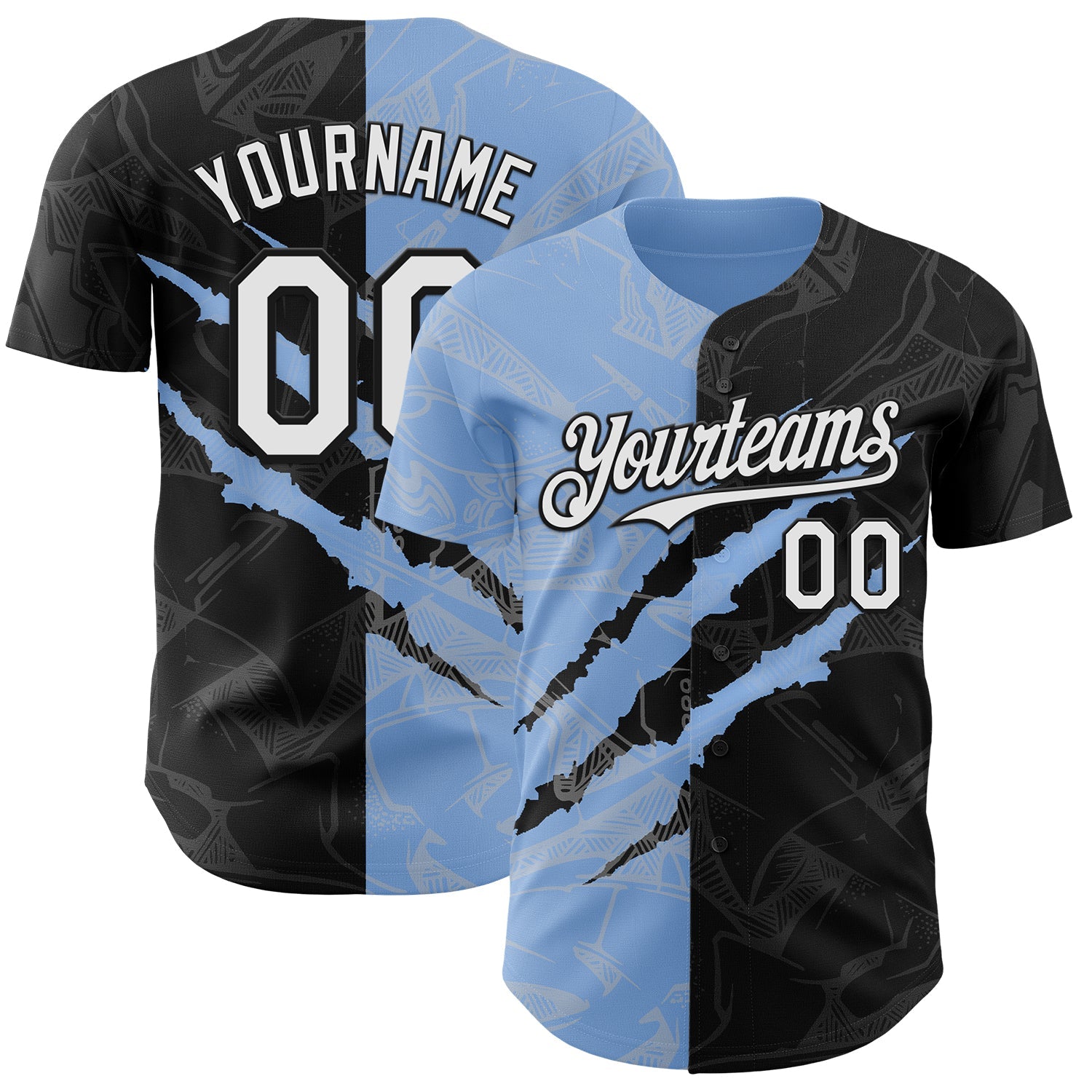 Custom Graffiti Pattern White Black-Light Blue 3D Scratch Authentic Baseball Jersey - Main View