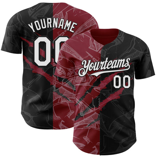 Custom Graffiti Pattern White Black-Crimson 3D Scratch Authentic Baseball Jersey - Main View