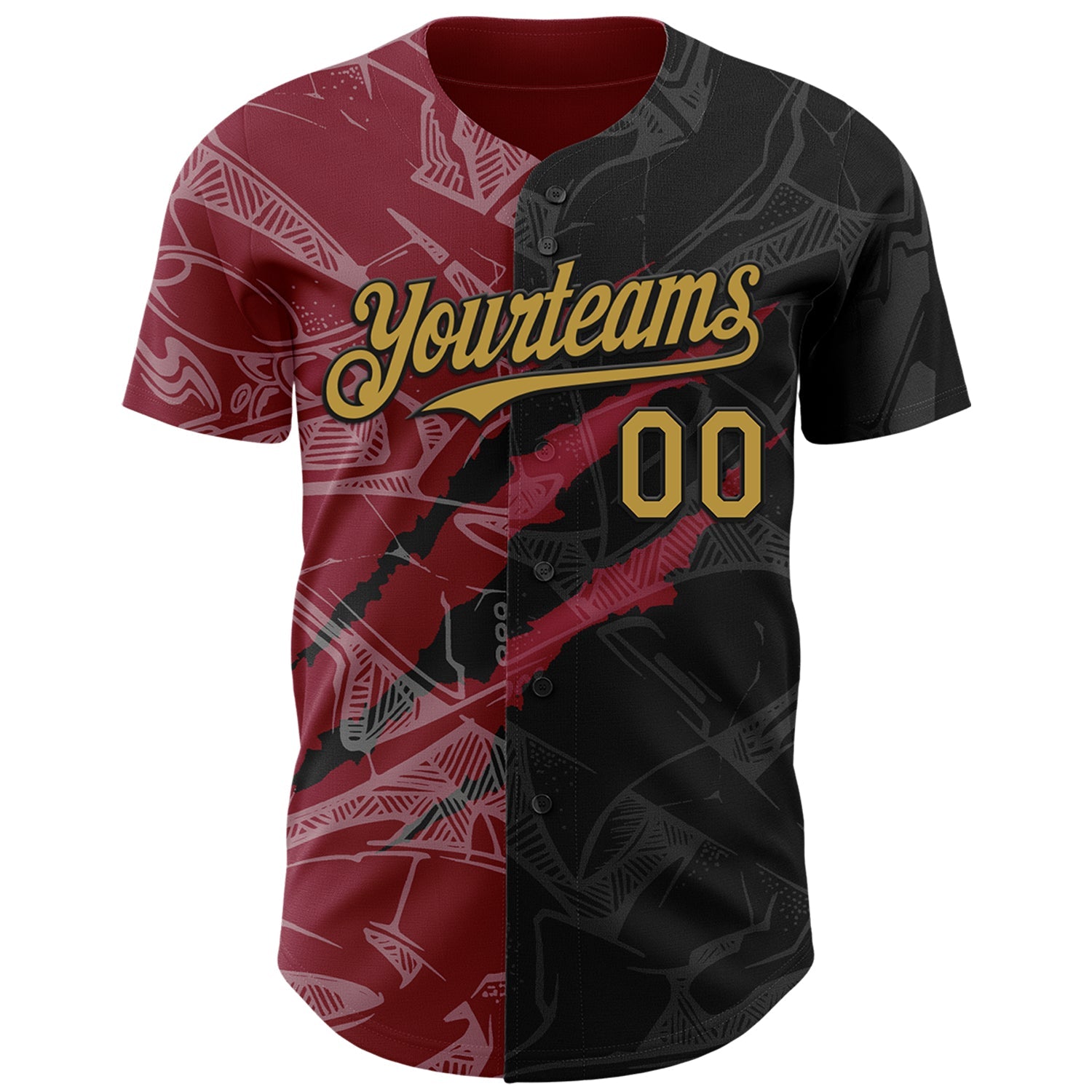 Custom Graffiti Pattern Old Gold Black-Crimson 3D Scratch Authentic Baseball Jersey view 2