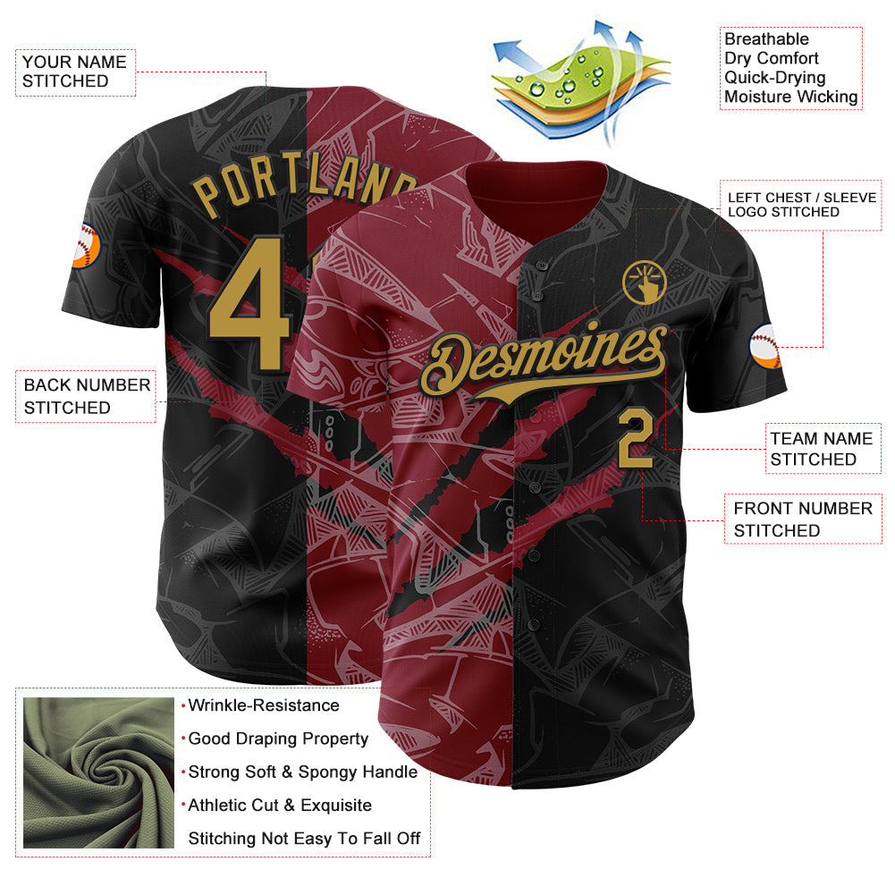 Custom Graffiti Pattern Old Gold Black-Crimson 3D Scratch Authentic Baseball Jersey view 3