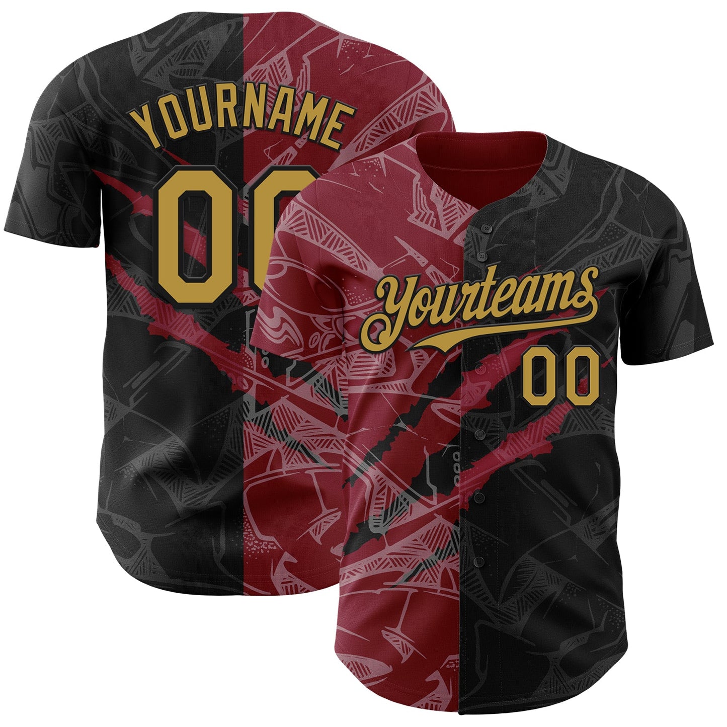 Custom Graffiti Pattern Old Gold Black-Crimson 3D Scratch Authentic Baseball Jersey - Main View