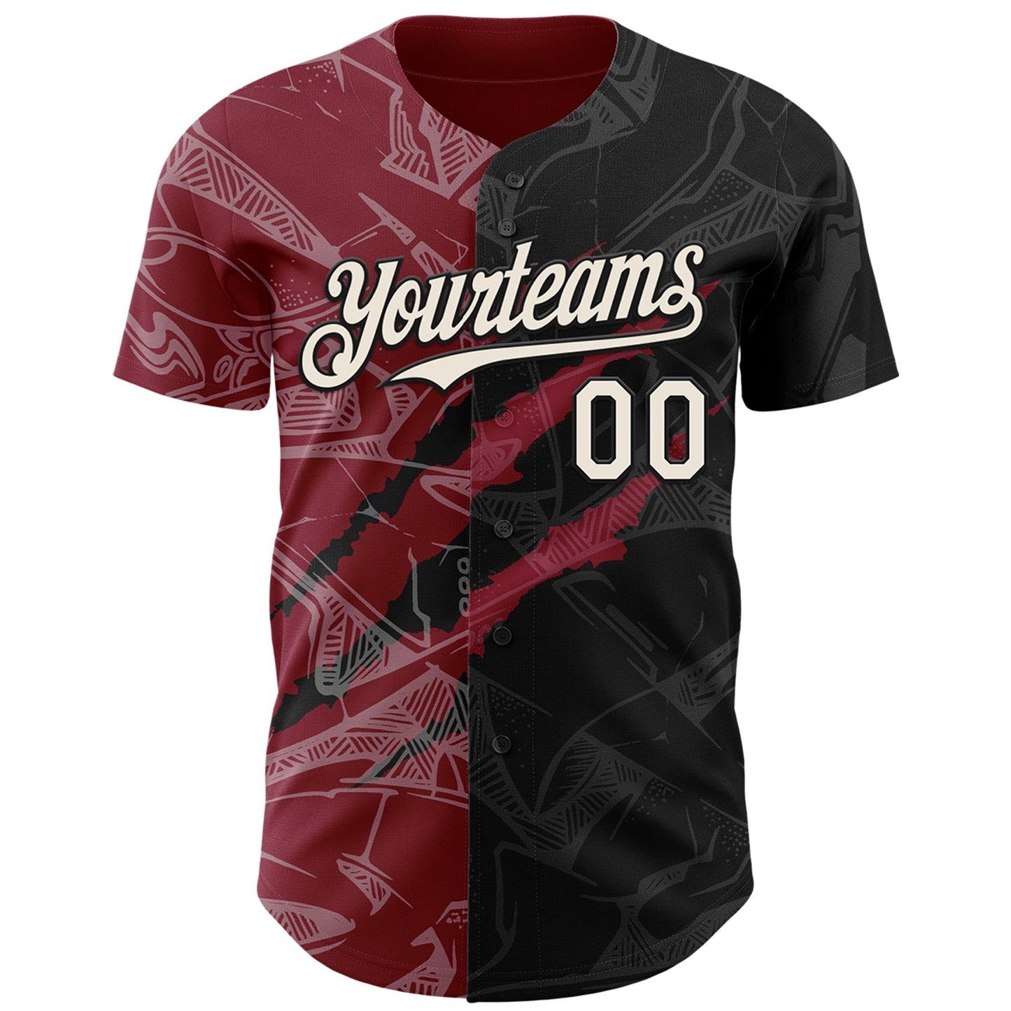 Custom Graffiti Pattern Cream Black-Crimson 3D Scratch Authentic Baseball Jersey view 2