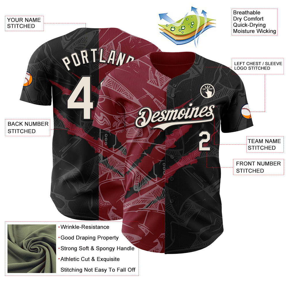 Custom Graffiti Pattern Cream Black-Crimson 3D Scratch Authentic Baseball Jersey view 3