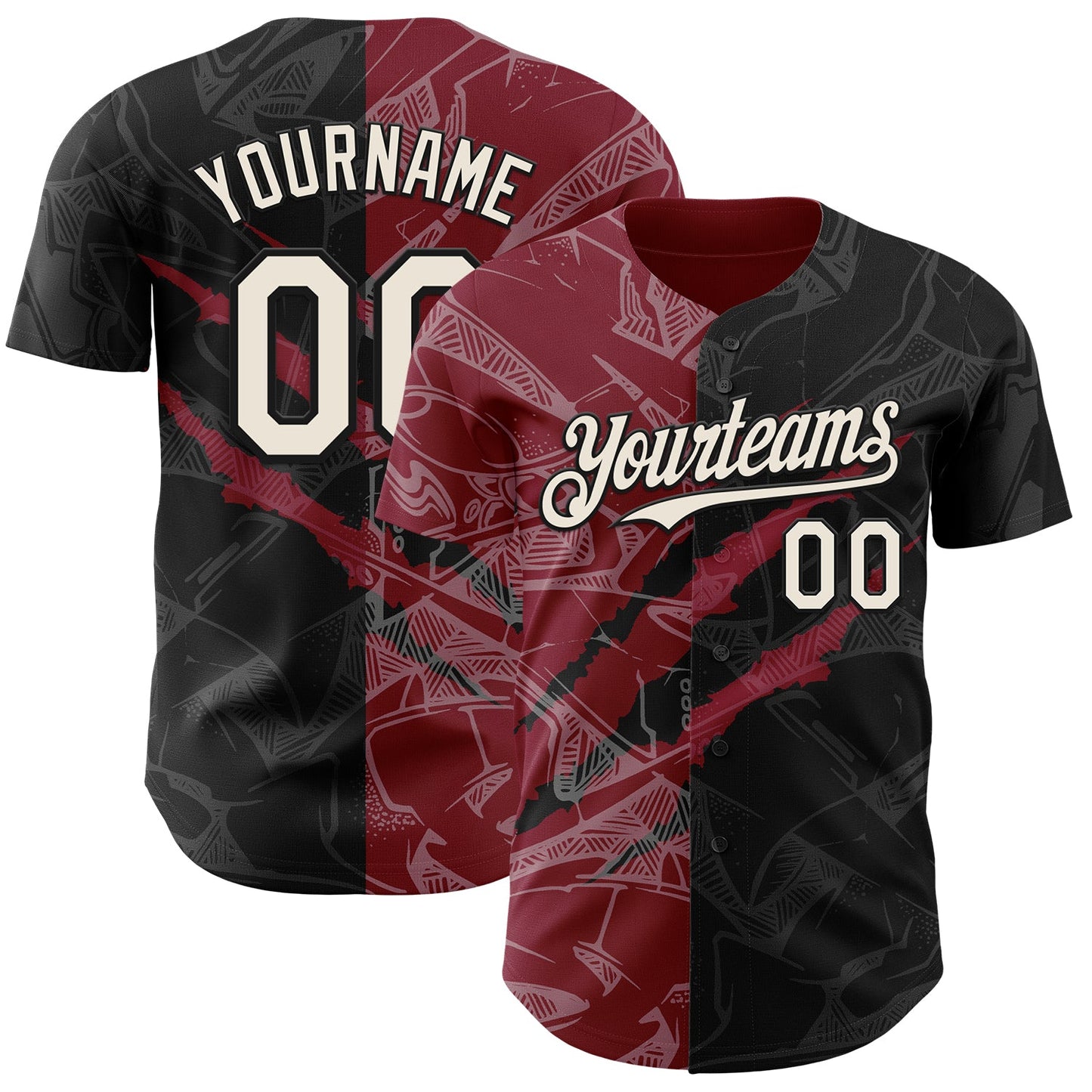 Custom Graffiti Pattern Cream Black-Crimson 3D Scratch Authentic Baseball Jersey - Main View