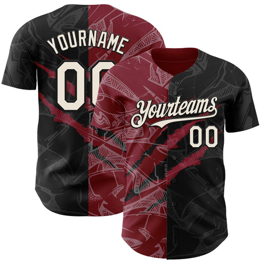 Custom Graffiti Pattern Cream Black-Crimson 3D Scratch Authentic Baseball Jersey - Main View