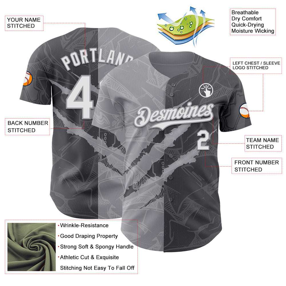 Custom Graffiti Pattern White Steel Gray-Gray 3D Scratch Authentic Baseball Jersey view 3