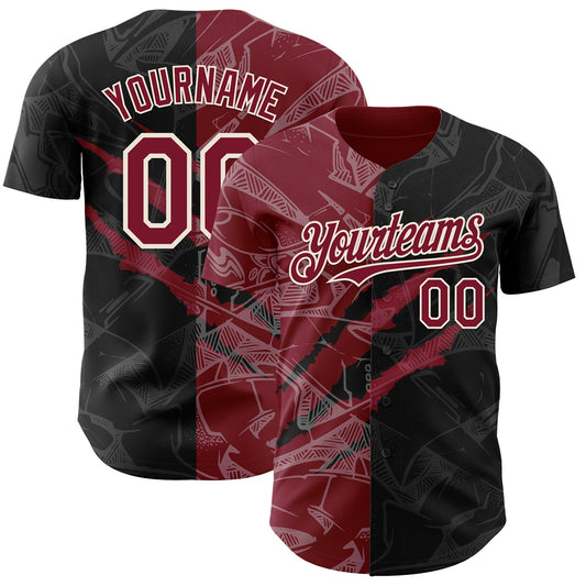 Custom Graffiti Pattern Crimson Black-Cream 3D Scratch Authentic Baseball Jersey - Main View