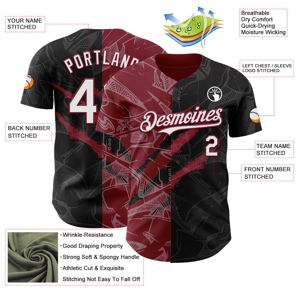 Custom Graffiti Pattern White Black-Crimson 3D Scratch Authentic Baseball Jersey view 3