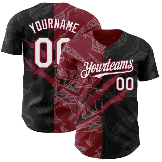 Custom Graffiti Pattern White Black-Crimson 3D Scratch Authentic Baseball Jersey - Main View