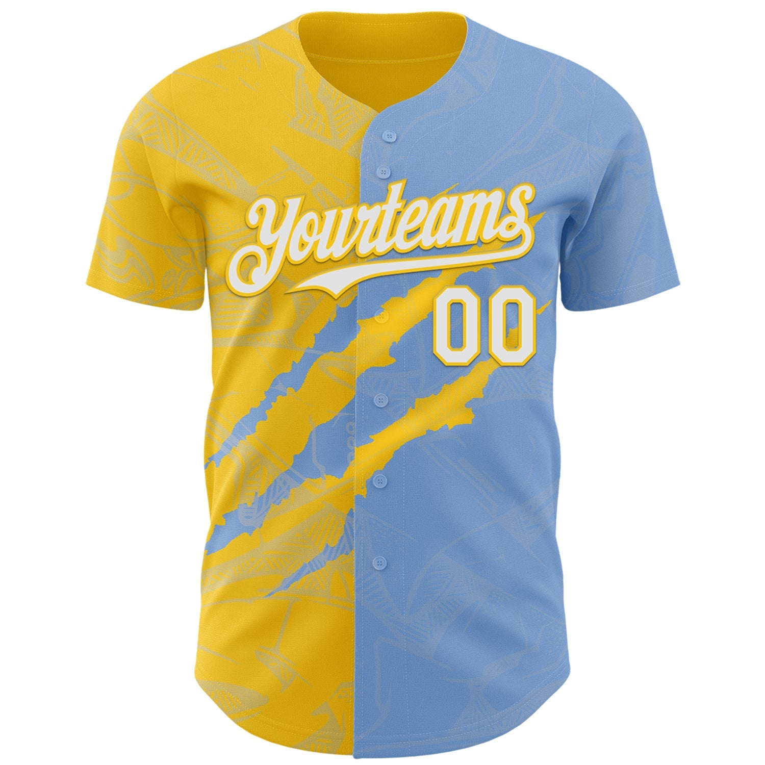 Custom Graffiti Pattern White Light Blue-Yellow 3D Scratch Authentic Baseball Jersey view 2